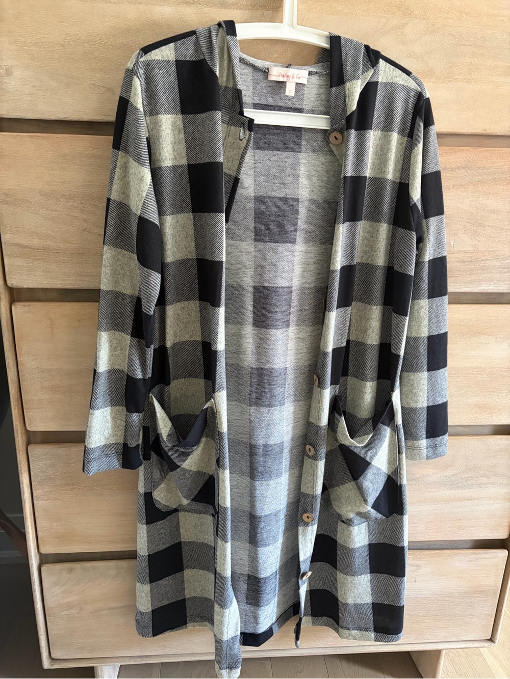 Pinkblush Black & Grey Buffalo Plaid Hooded Long Cardigan/Jacket, maternity - Picture 6 of 6
